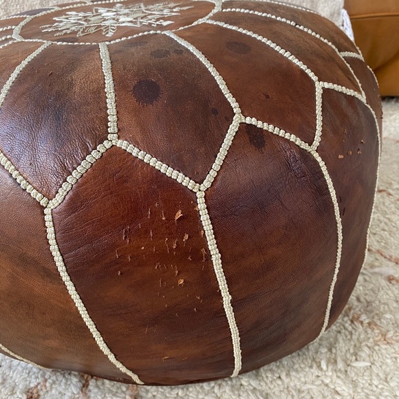 Moroccan Brown Leather Pouf - Picture 3 of 7